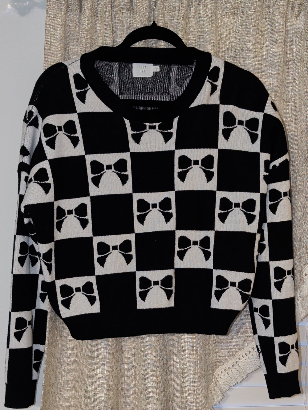 Luna Black & White Bow-Check Crewneck Sweater